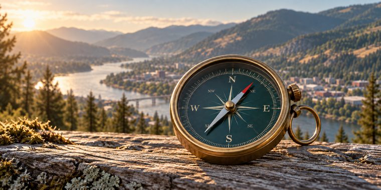 Brass compass resting on a rock above a river valley, town and mountains at sunset